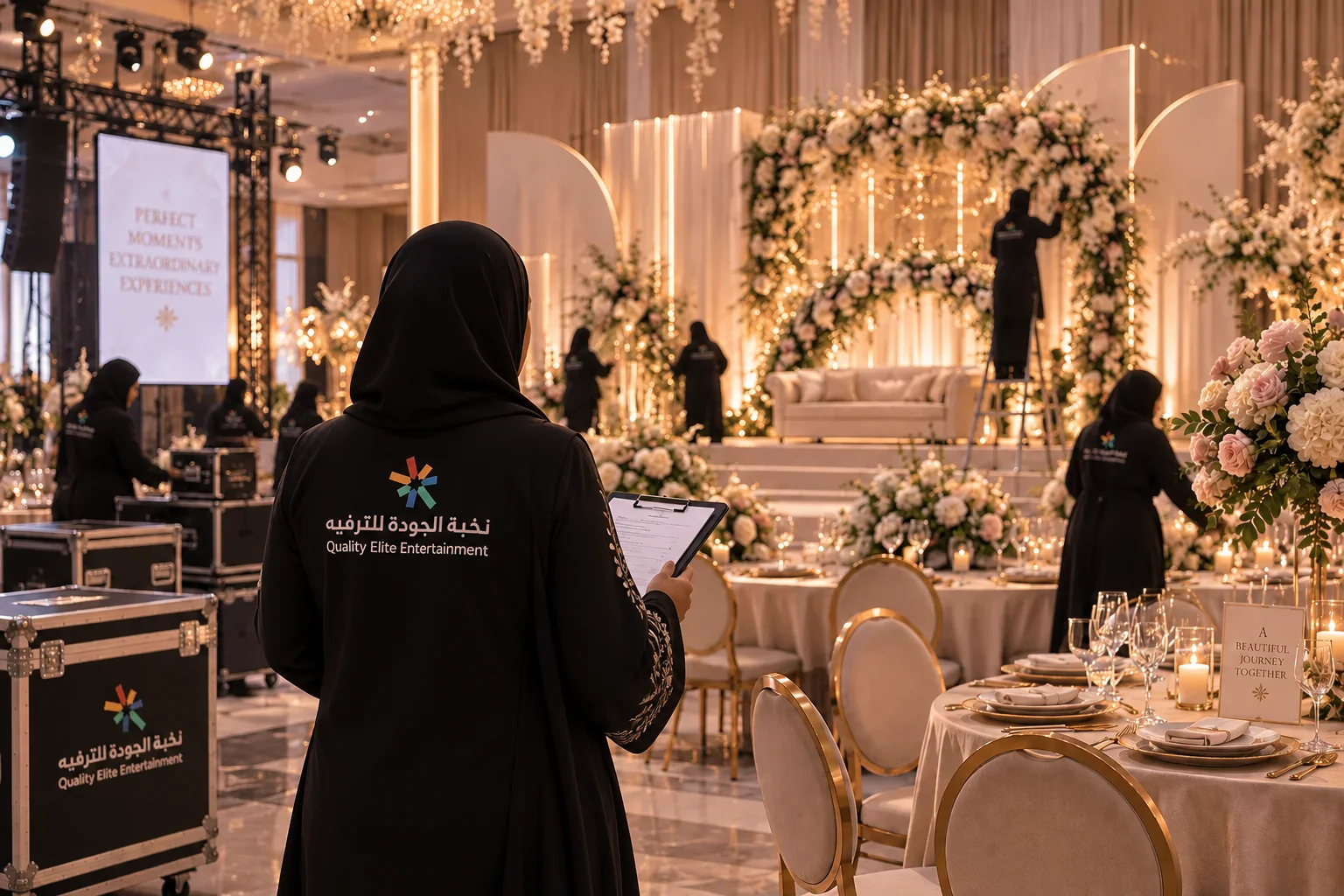 فريق تنظيم يشرف على تجهيز حفل زفاف