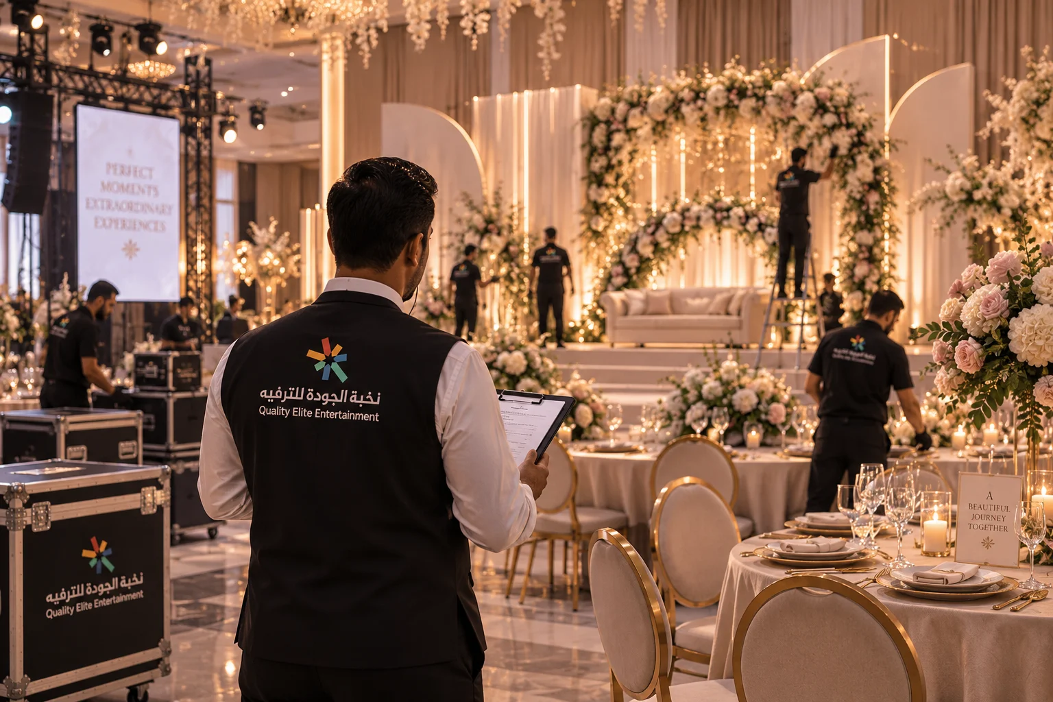 فريق تنظيم يشرف على تجهيز حفل زفاف